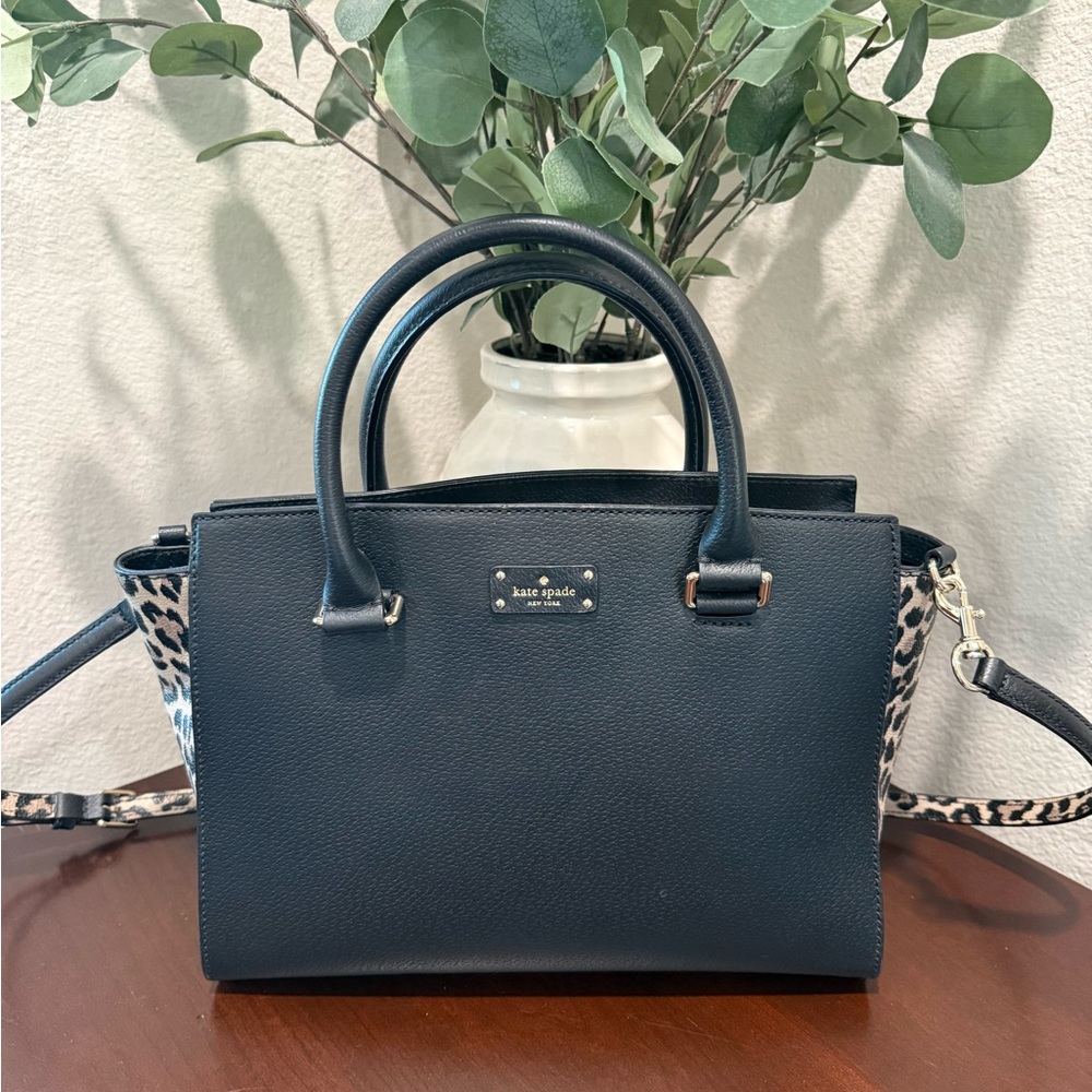 Kate Spade Black Satchel Handbag with Leopard Accents